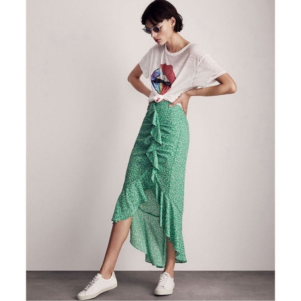 Likely astrid ruffle midi skirt green floral